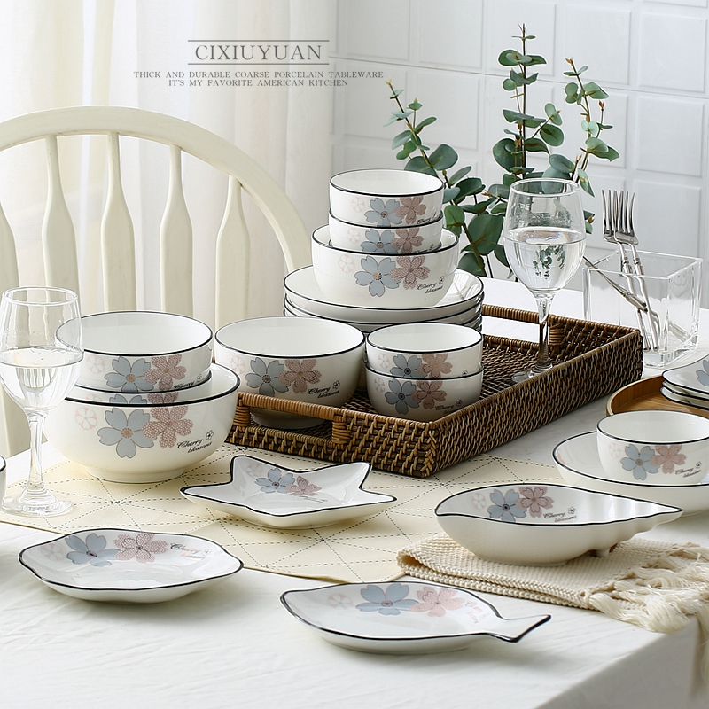 Black line 4 dishes suit household European - style contracted ceramic bowl chopsticks Japanese - style Nordic ins tableware to eat bowl dish