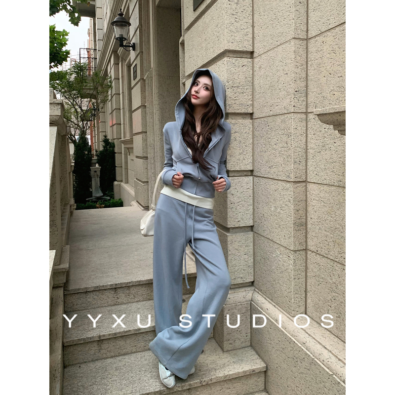 Yuan Yuan [Blue Mist Roaming] Casual Suit for Women Autumn and Winter Zipper Jacket Straight Casual Pants Two-Piece Set Tz1020