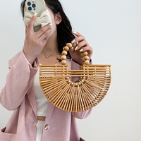 Ethnic style bamboo bag, bamboo woven women's handbag, pearl-decorated vegetable basket-shaped casual bag, bamboo woven bag, armpit handle bag