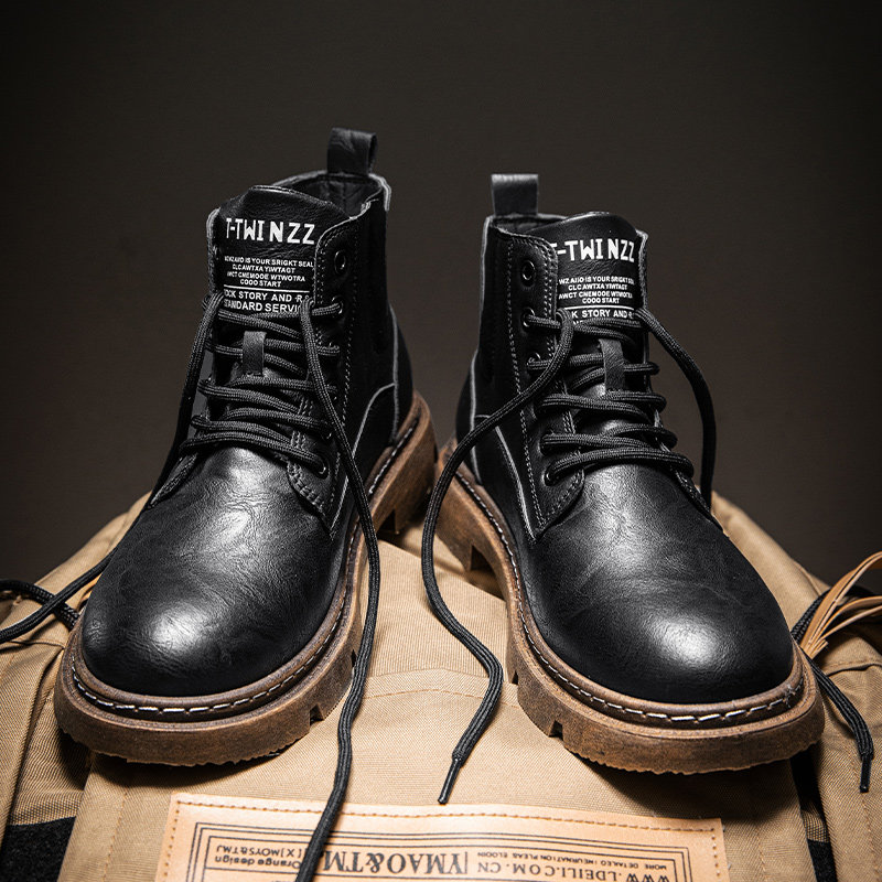 MARTIN BOOTS MENS 2024 NEW AUTUMN WINTER BLACK HEIGHTENED BRITISH CARGO LEATHER BOOTS MENS HIGH TOP LOCOMOTIVE COMBAT BOOTS