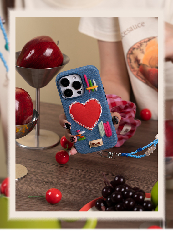 Puui Girls Denim Stitched Heart Chic Stylish With Wrist Lanyard Strap 14, 13, 12 iPhone Case