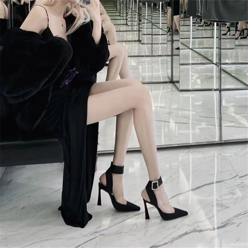 Rhinestone Square Buckle High Heels 2023 New Ankle Strap Stiletto Satin Single Shoes Socialite Sexy Sandals for Women