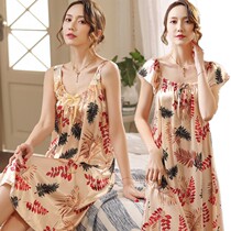 Sleepwear Female Summer Ice Wire Harness Short Sleeve Sleeping Dress Pregnant Woman Middle-aged Mom Thin sleeveless one-piece dress Gats up overweight