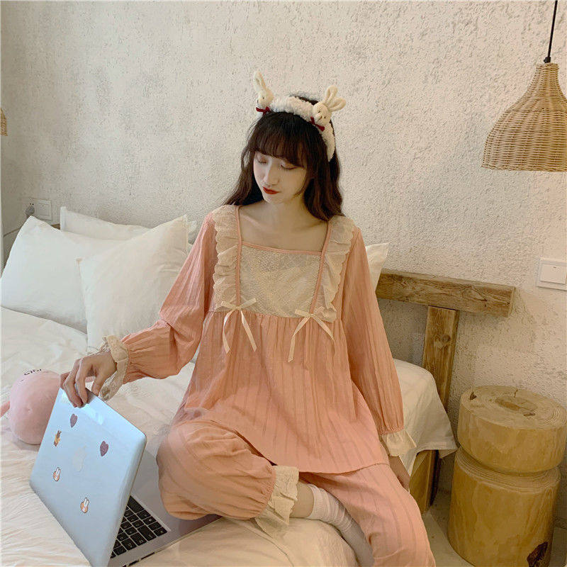 Sleepwear Pants Sets Women's Fall Han Edition Sweet Beauty Lace Princess Wind Sleeping Clothes Loose Dorm Room Wear home Two sets