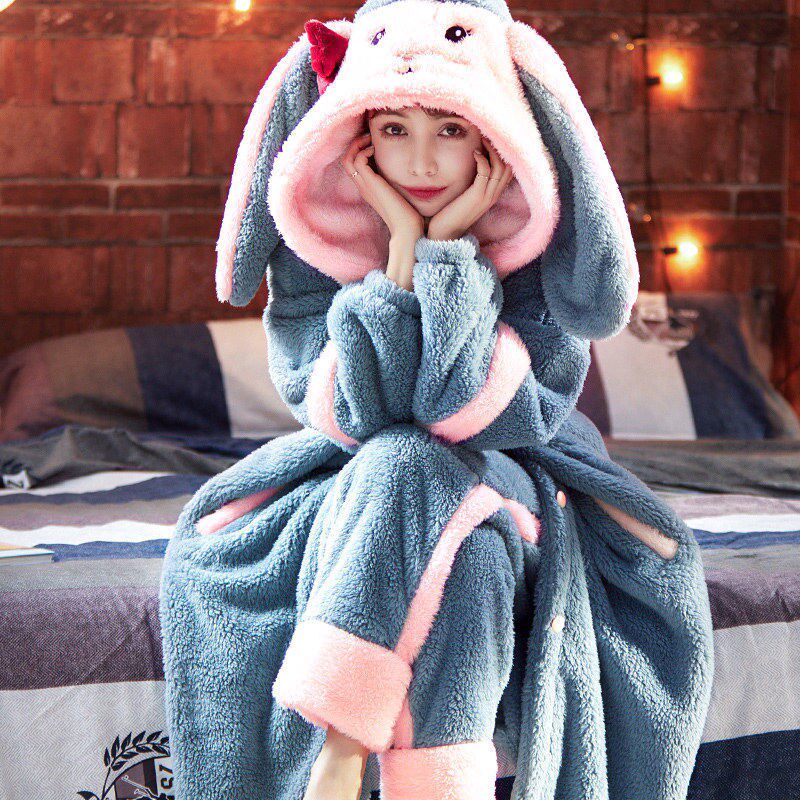 Pajamas Woman Autumn Winter Thicken Plus Suede Coral Suede Adorable Warm Flannel Suede Long Version Sleeping Gown Home Suit Bath