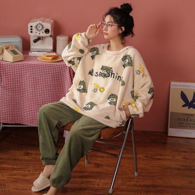 Sleepwear Women Winter Plus Suede Thickened Coral Suede Winter New Students Cute Flannel Lady's Home Suit Suit