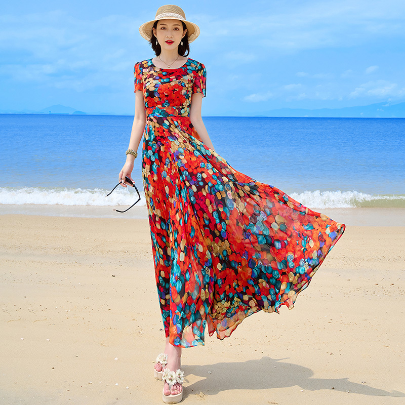 2024 New Summer Chiffon Dress, Elegant, Age-Reducing, Waist-Cinching, Extra-Long Printed, Large Hem, Elegant Long Skirt, Fairy