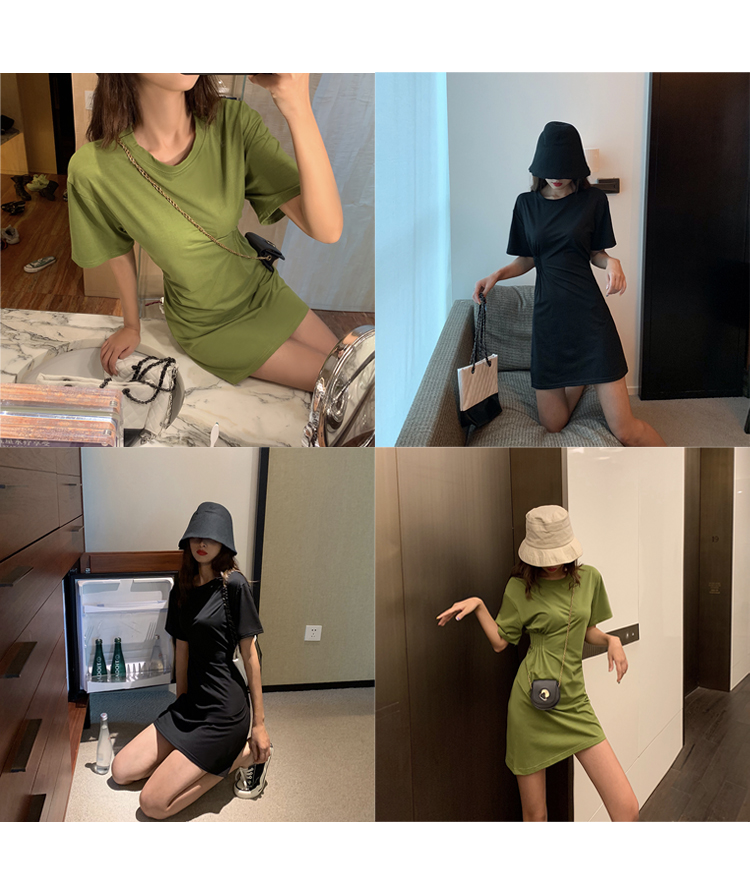 VK旗艦店 韓國風時尚設計感收腰抹茶短袖洋裝