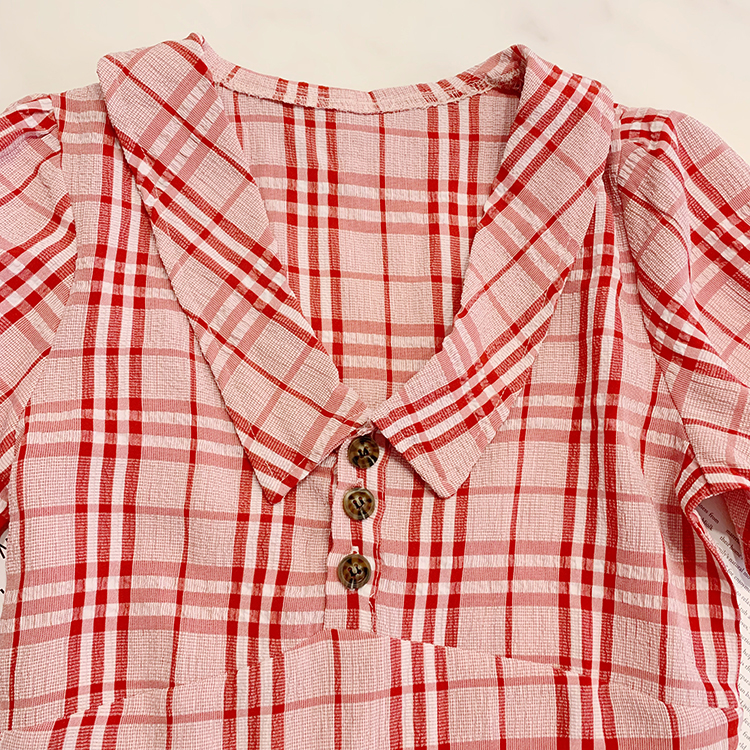 VK旗艦店 韓系娃娃領高腰袖子扎帶顯瘦格紋短袖洋裝