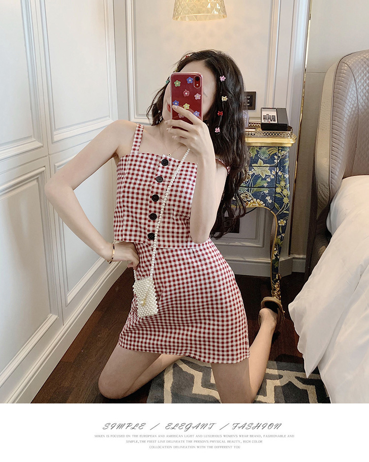 VK旗艦店 韓系復古小清新吊帶格紋套裝無袖裙裝