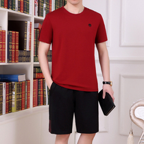 Increase in code middle-aged mens sports casual suit summer cotton short sleeves 50% pants running to fat peoples dad clothes