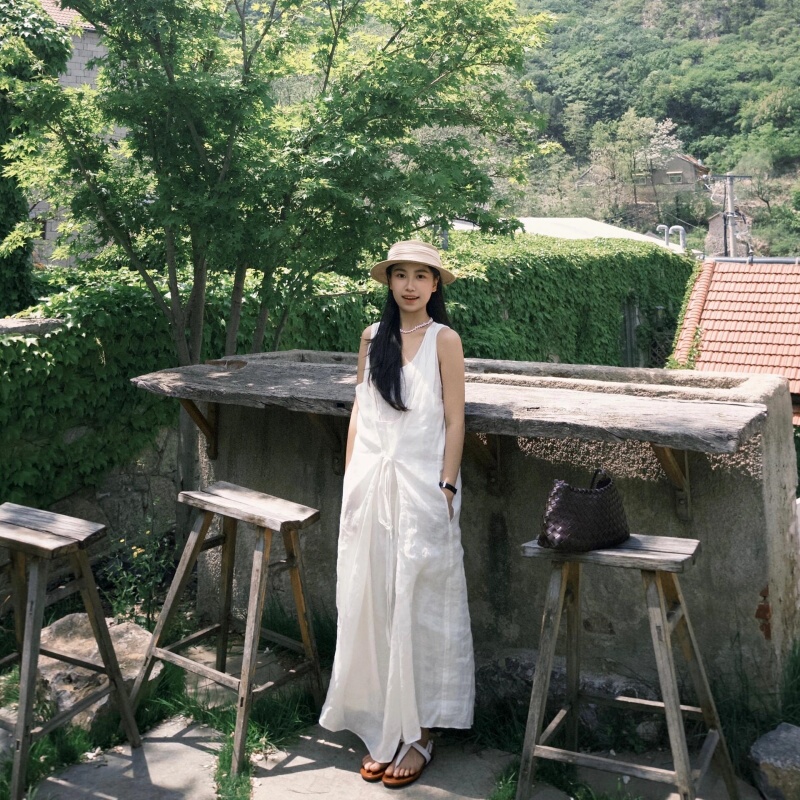 Relaxed Linen~Designed Lace-Up White Sleeveless Vest Dress for Women, Relaxed Vacation Style Long Skirt