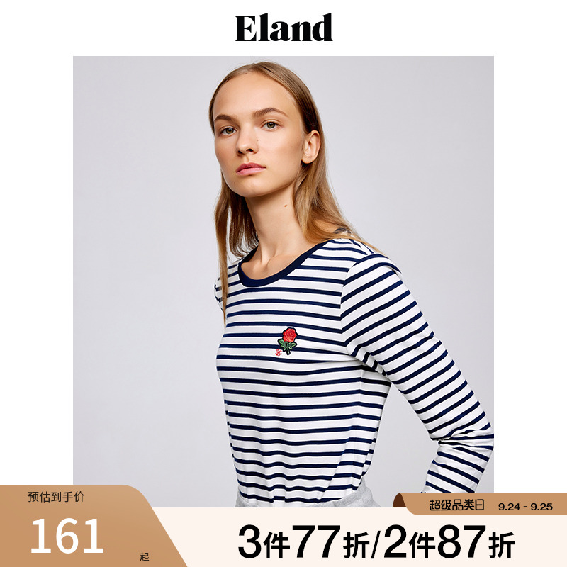 Eland 長袖 Tシャツ レディース 春長袖 Tシャツ レディース スリムストライプ カレッジスタイル ニット Tシャツ トップス レディース