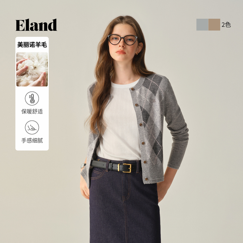 [Merino Wool] Eland Women's Fashionable Argyle Knit Sweater, New Winter Style