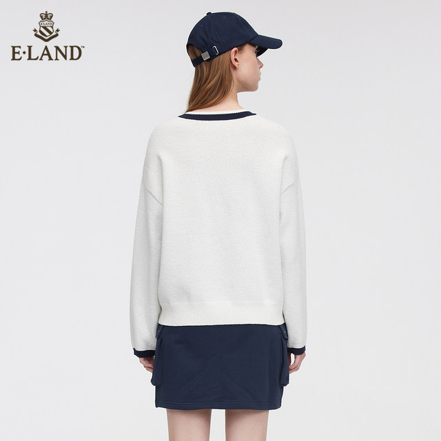 Eland Sweater ຂອງແມ່ຍິງສີກົງກັນຂ້າມສີ Round Neck Pullover Rib Gentle Wind Rose Knitwear Spring and Summer Style