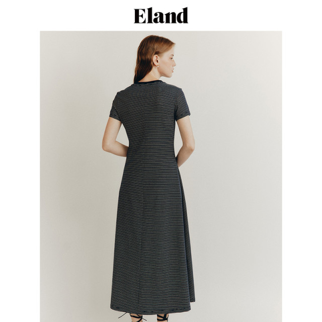 Eland dress women's new summer retro striped round neck mid-length sweet skirt