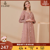 eland women's spring french elegant sweet square neck check mid length long sleeve dress