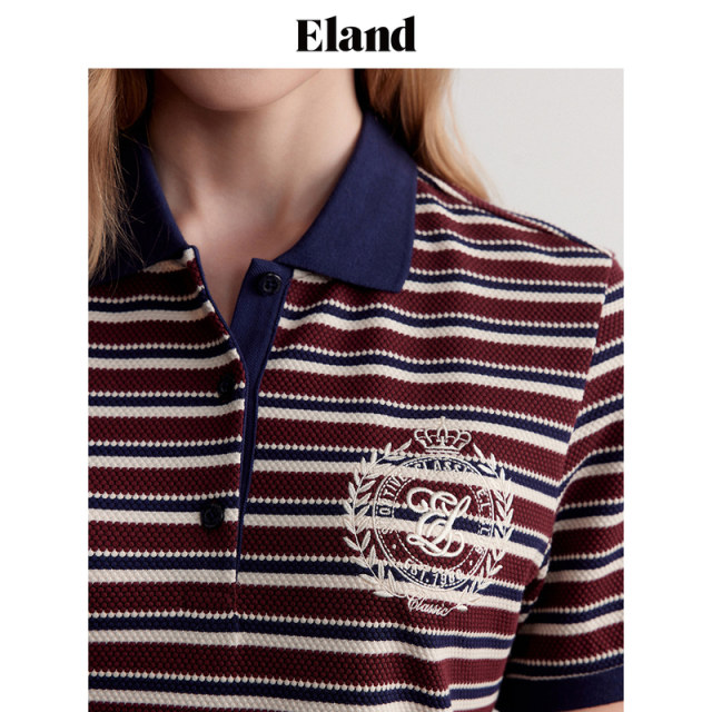 Eland dress ແບບວິທະຍາໄລໃຫມ່ polo collar ຫມາກນັດ jacquard ສີ stripe skirt ແມ່ຍິງ summer