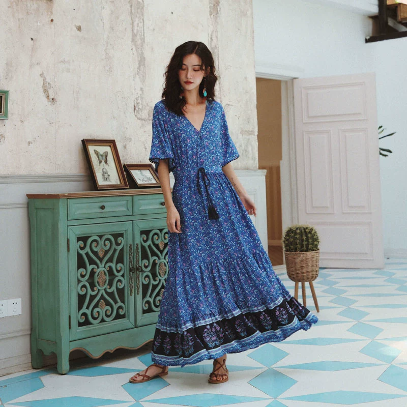 Bohemian hoa eo cao eo giữa váy dài phong cách dân tộc kỳ nghỉ hè bên bờ biển bãi biển váy dài cổ tích - Váy eo cao