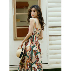 Nobian retro resort style seaside bohemian floral suspender dress backless sexy ຫາດຊາຍ dress ຍາວ dress