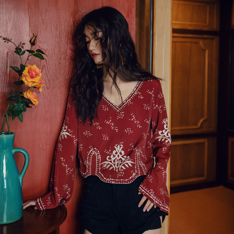 Ethnic Style Spring and Summer Tops 2026 New Women's Clothing Yunnan Desert Vacation Bell-Sleeve Embroidered Red Chiffon Shirt