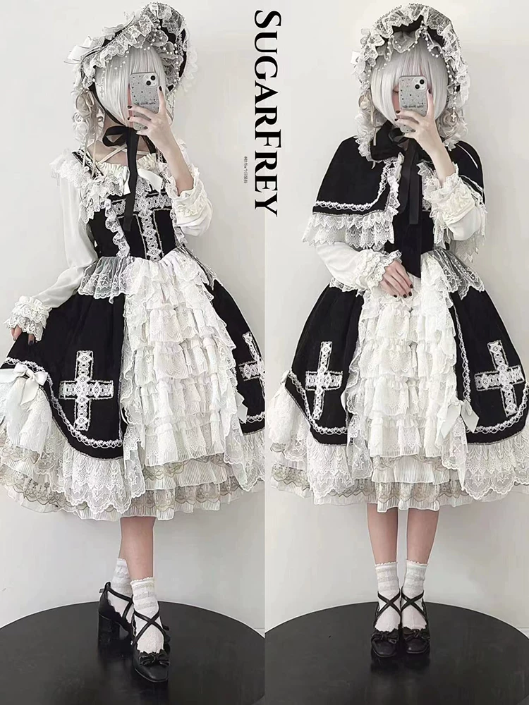 Платье JSK Lolita (SugarFrey) Angel Type II — многослойное кружево с плащом и чепчиком, цвет «Shadow»