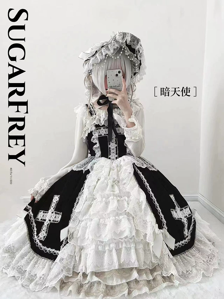 Платье JSK Lolita (SugarFrey) Angel Type II — многослойное кружево с плащом и чепчиком, цвет «Shadow»