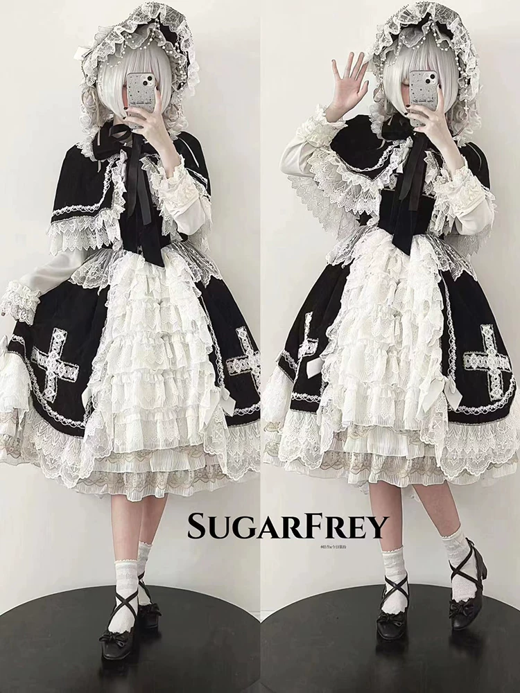 Платье JSK Lolita (SugarFrey) Angel Type II — многослойное кружево с плащом и чепчиком, цвет «Shadow»