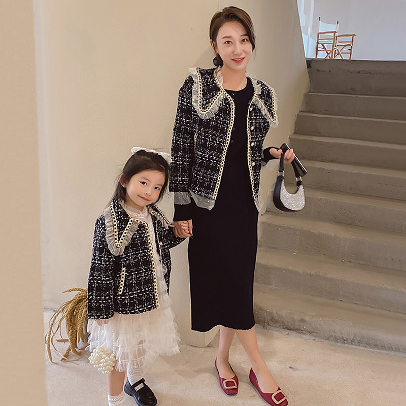 Gentle wind name Yuanyu Xiaoxiang Wind lace Thousand Birds Gyoo Pie Coat 2020 Autumn Winter High-end Parent-child Female Bestie Dress