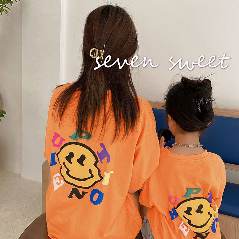 Foreign Pie Age Reduction Parenting Mother Daughter Dress 2021 Xia Net Red Fashion Smiley Face Printed Loose T-Shirt Blouse Boy
