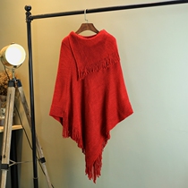 Pullover tassel cloak shawl coat womens sweater loose medium and long top womens autumn and winter bat sweater sweater