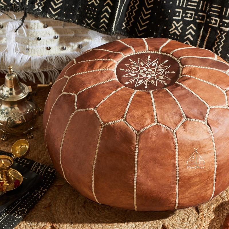 Pentfair Loft Moroccan Cushion Leather Pouf Nordic Style Handmade Cowhide Stool for Guesthouse