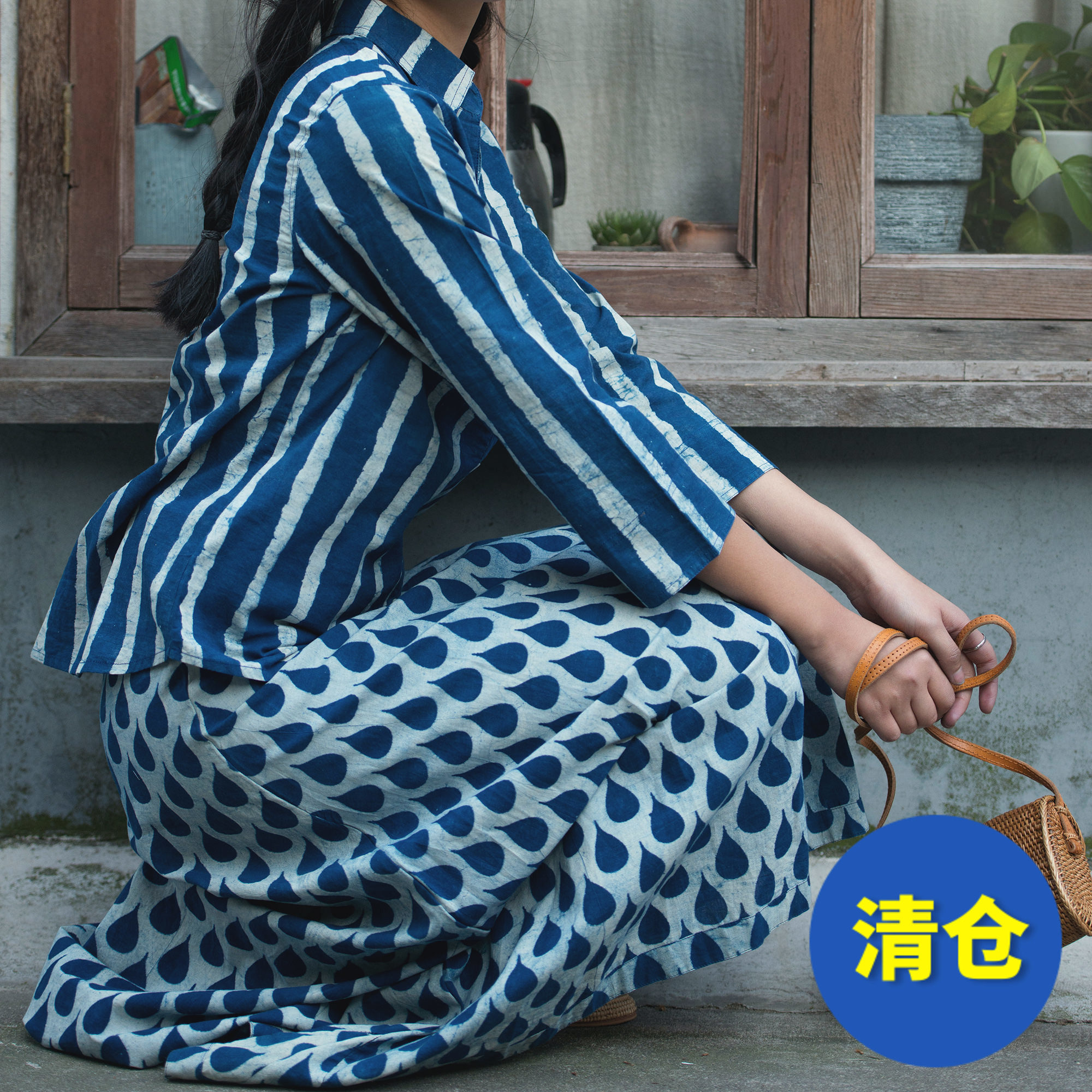 Indian Block Print Bohemian Indian Handmade Blue Dye Printing Skirt Natural Dye