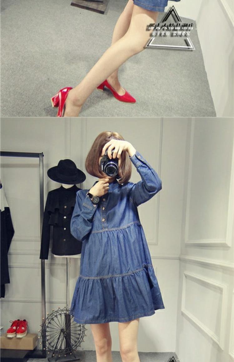 Áo bà bầu mùa thu dài tay búp bê denim đầm rộng size Một chiếc váy bà bầu mùa xuân và váy dài mùa thu áo bầu đẹp