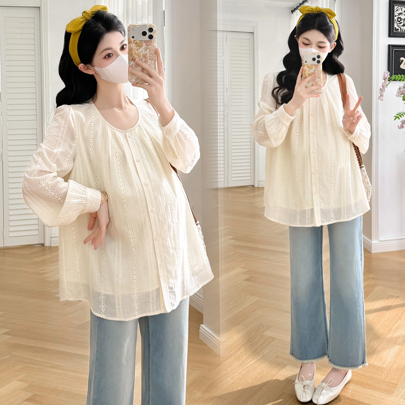 Maternity Wear Spring Outfit Fresh and Versatile Long-Sleeved Embroidered Top 2026 New Maternity Shirt Spring Pregnancy Shirt