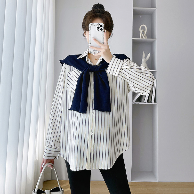Pregnancy Woman Clothing Autumn Clothing Fashion Long Sleeve Striped Collar Shirt 2023 New Spring Autumn Pregnant Blouse Korean Version Shirt Autumn-Taobao