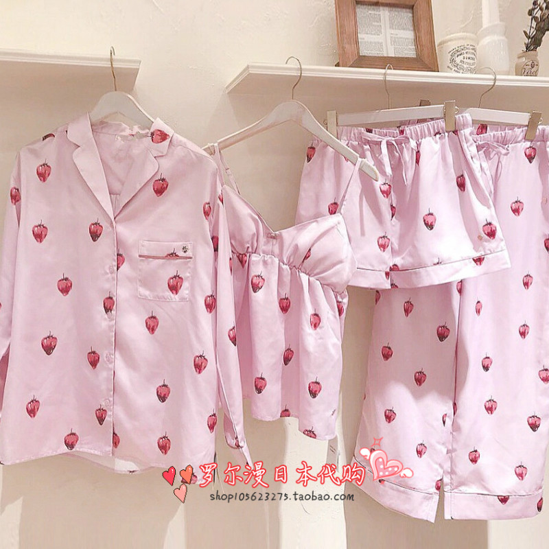 Japan soft honeys ice silk pyjamas woman spring autumn with chest cushion long sleeve four pieces of silk home clothes