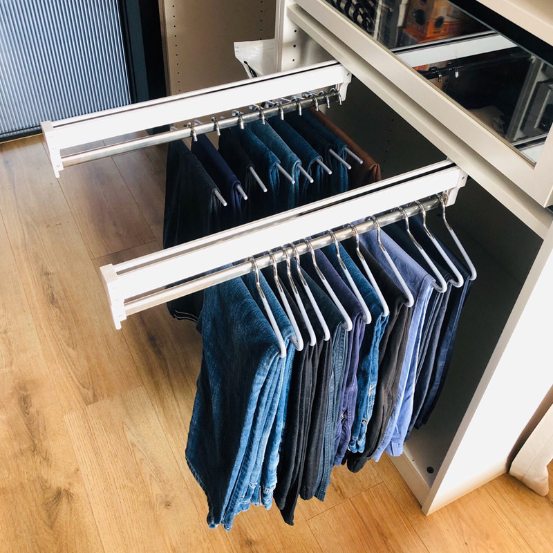 Pants rack telescopic clothes rail wardrobe storage artifact cloakroom pull lever can be pushed and pulled shelf cabinet inside the hanging rod