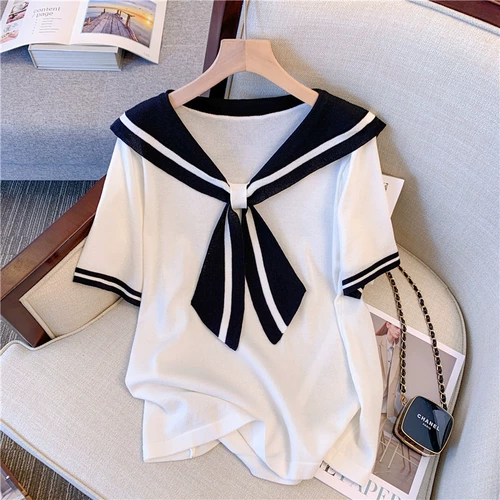 Летняя ретро военно-морская футболка, большой размер, подходит для полных девушек, свободный крой, по фигуре