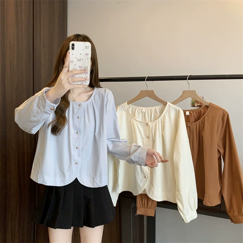 Осенняя модная цветная рубашка, большой размер, по фигуре, круглый воротник