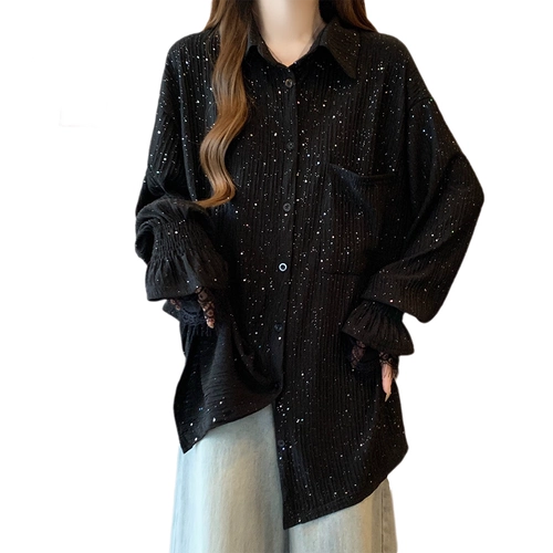 Осенний черный лонгслив, длинные блестки для ногтей, рубашка, большой размер, изысканный стиль, свободный крой, средней длины