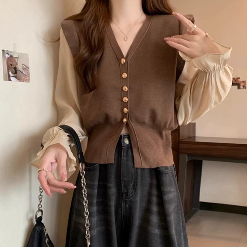 Осенний трикотажный кардиган, комплект, лонгслив, большой размер, рукава фонарики