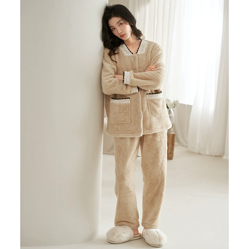 Демисезонная коралловая пижама, фланелевый бархатный комплект, 2025 года, V-образный вырез, изысканный стиль