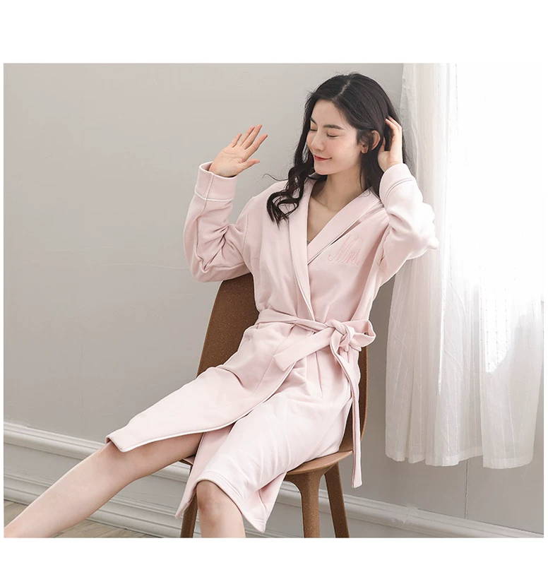 Áo ngủ cotton đôi mùa xuân và mùa thu mỏng tay dài đồ ngủ phụ nữ dài áo choàng tắm cotton đơn giản mùa thu áo choàng nam