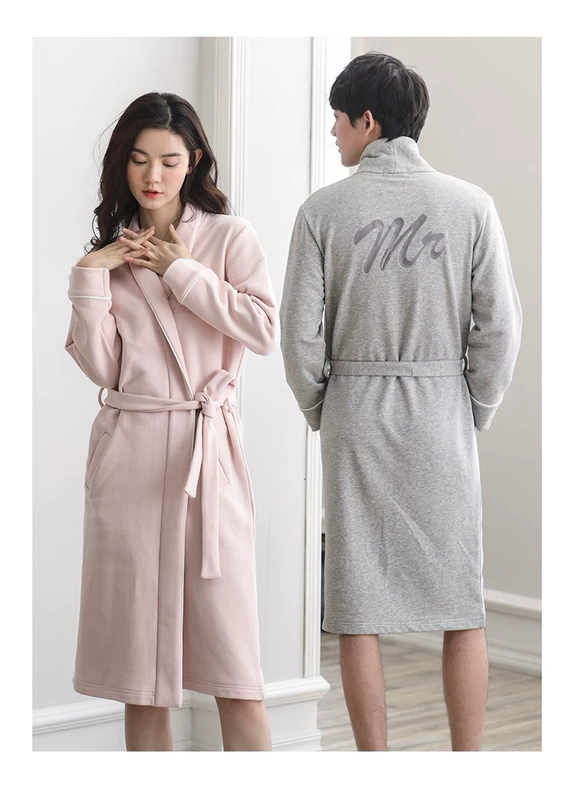 Áo ngủ cotton đôi mùa xuân và mùa thu mỏng tay dài đồ ngủ phụ nữ dài áo choàng tắm cotton đơn giản mùa thu áo choàng nam
