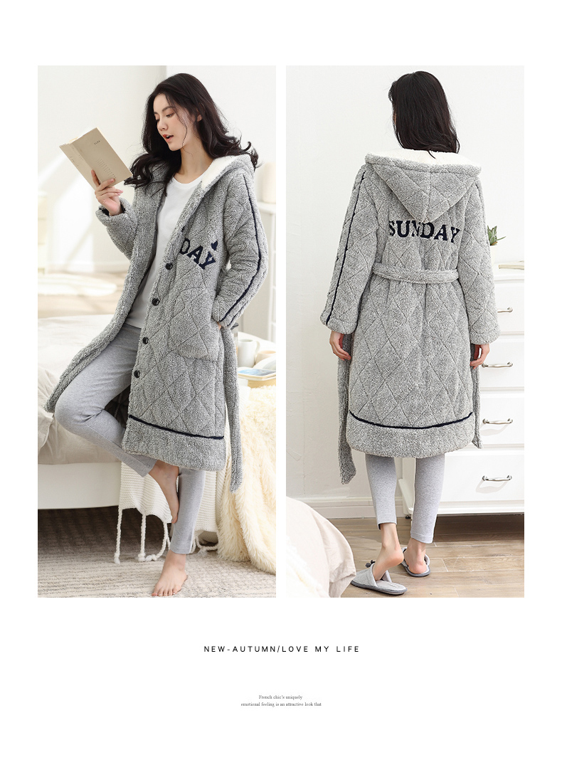 Áo ngủ nữ mùa đông dày và dài phần ba lớp nhung san hô bộ đồ ngủ dễ thương áo choàng mùa đông màu xám flannel - Night Robe váy ngủ nữ