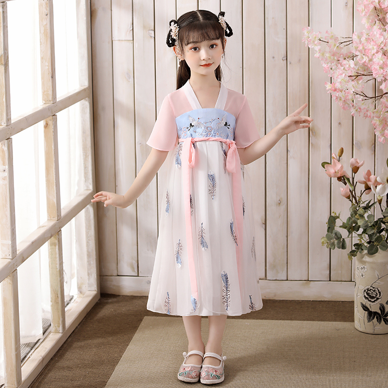 Trung Quốc chiếc váy cô gái mùa hè váy siêu cổ tích sợi ánh sáng gió Trung Quốc cổ đại váy âm thanh rung cô gái 12 tuổi của trẻ em váy mỏng Tang váy.