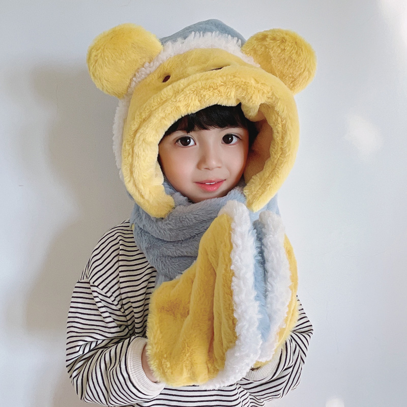 Children's hats winter plush ear protection one-piece hat for boys and girls hats scarf gloves one-piece baby hat autumn and winter