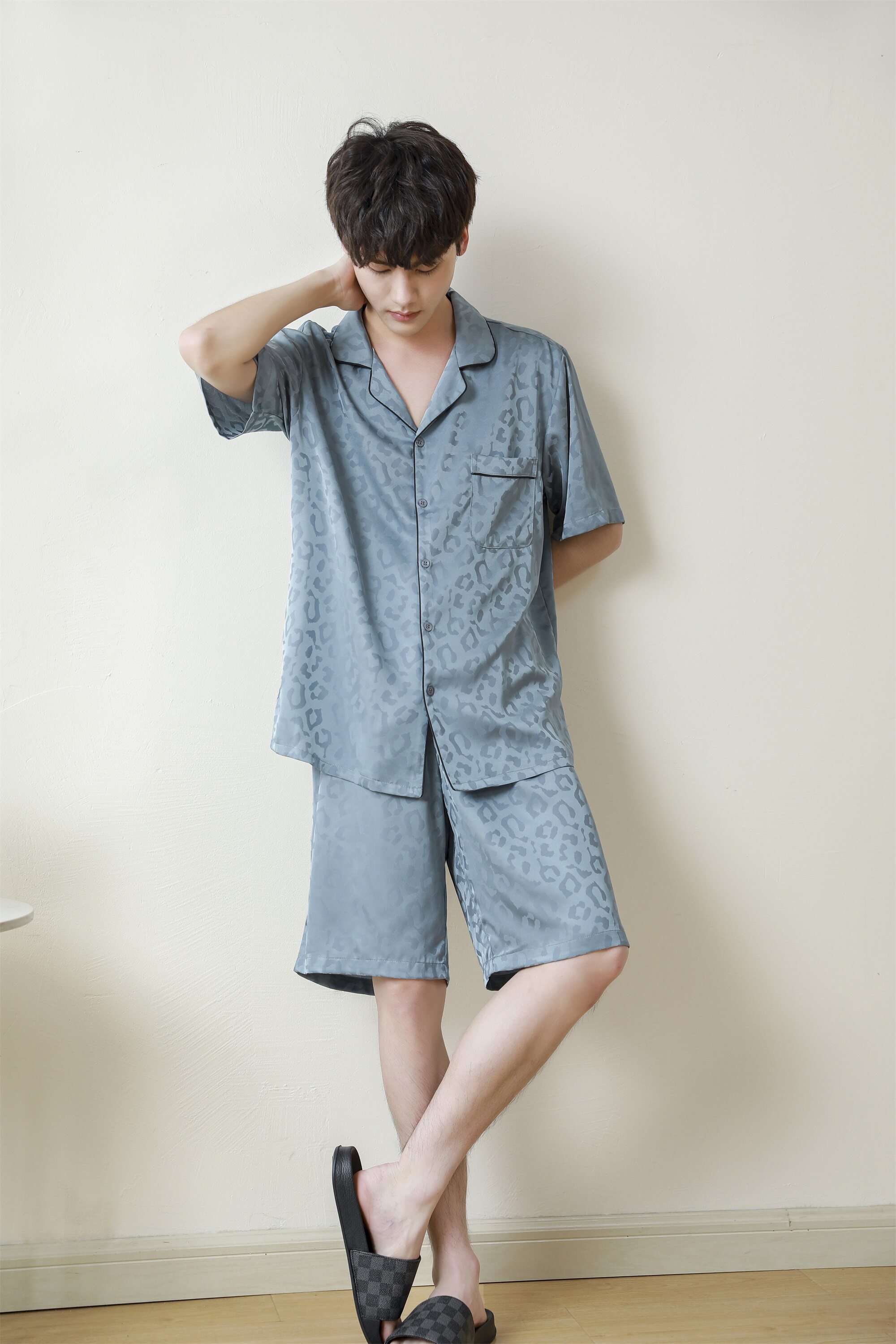 Летняя шелковая пижама, комплект, для влюбленных, короткий рукав 