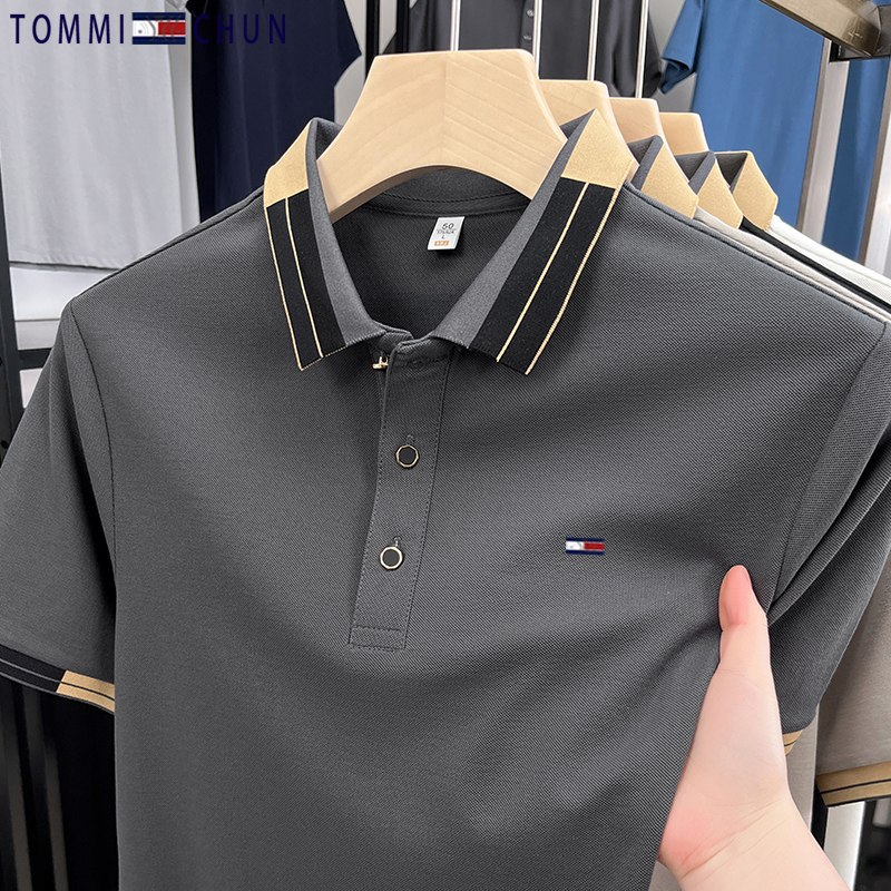Authentic Tommy Pure Cotton Short-Sleeved T-Shirt Men's Summer Thin Stripesd Contrast Lapel Polo Shirt Casual Breathable Top
